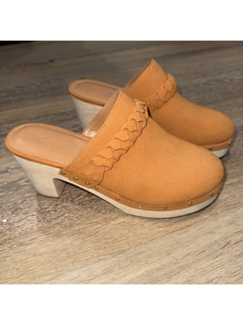 J Crew Women's Wooden Clogs Mules Tan Studded Slip On Classic Size 7